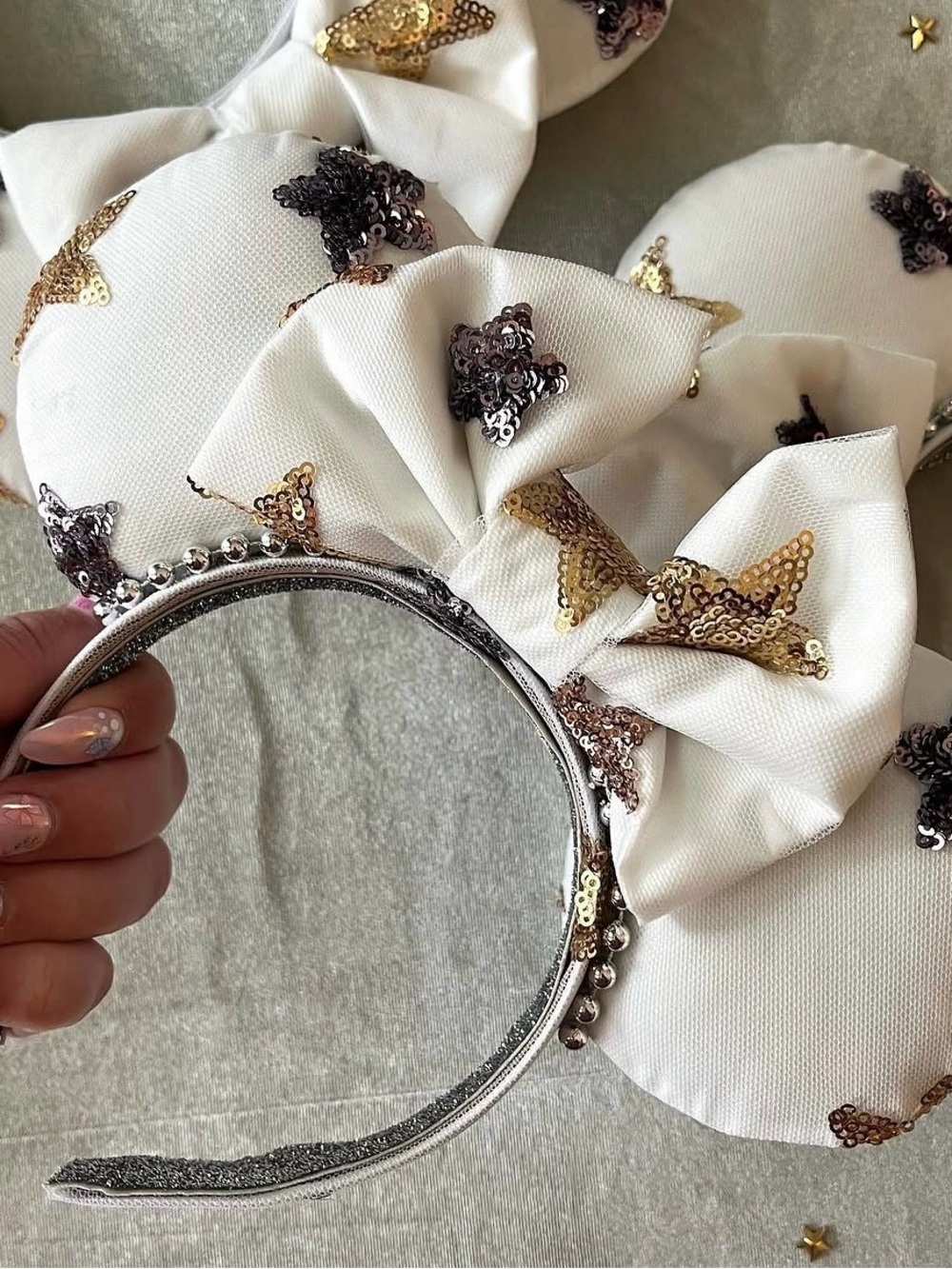 White Minnie Ears Headband with Gold Sequin Stars and Bow